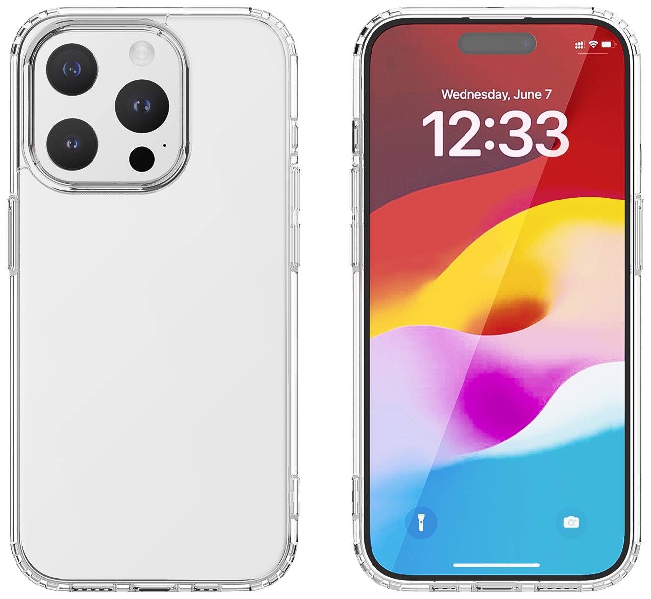 Zwei Smartphones, eins zeigt die Rückseite mit Kamera, das andere den Bildschirm mit Datum 'Wednesday, June 7' und Uhrzeit '12:33'.