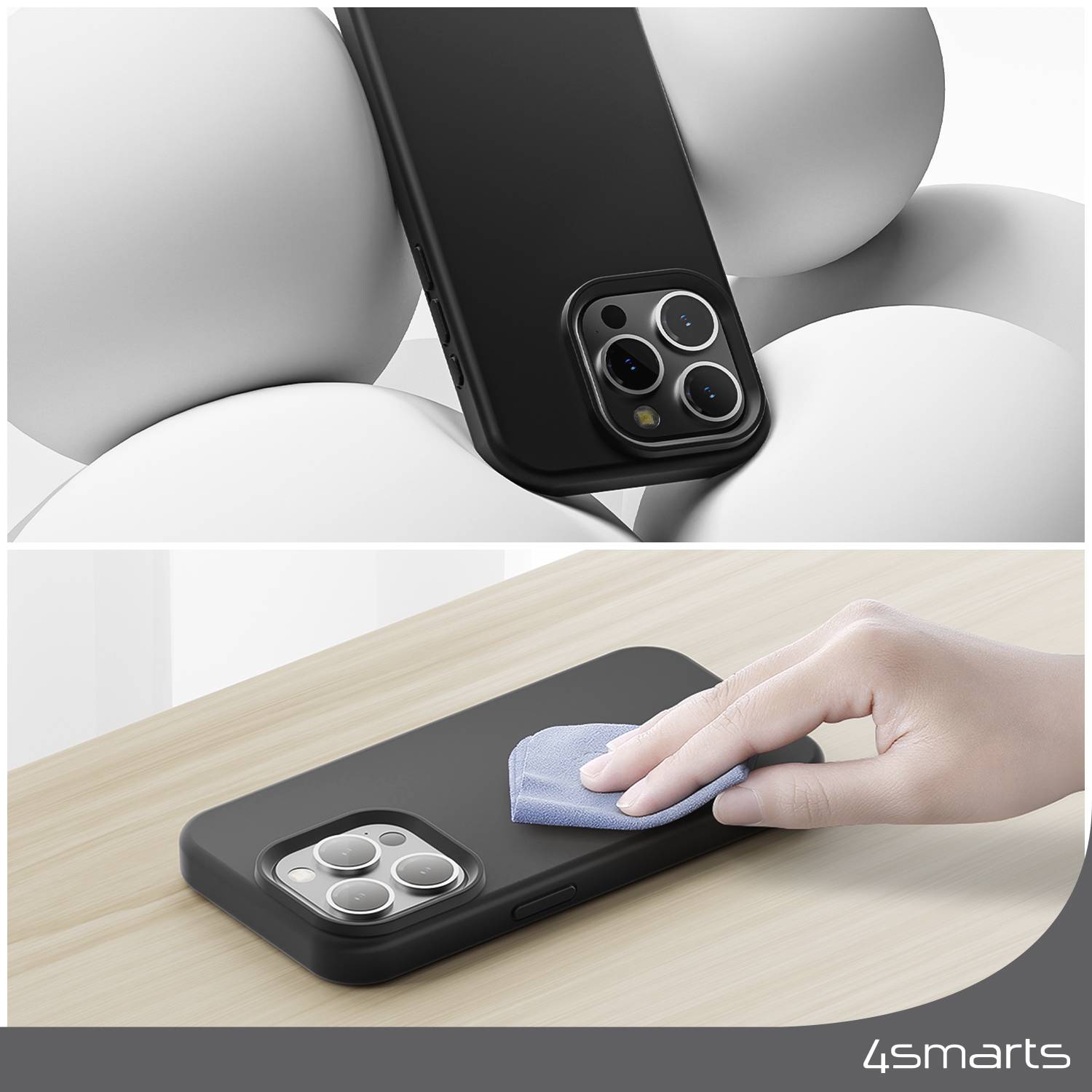 Eine Hand wischt mit einem blauen Tuch über die Kamera eines schwarzen Smartphones auf einem Tisch.