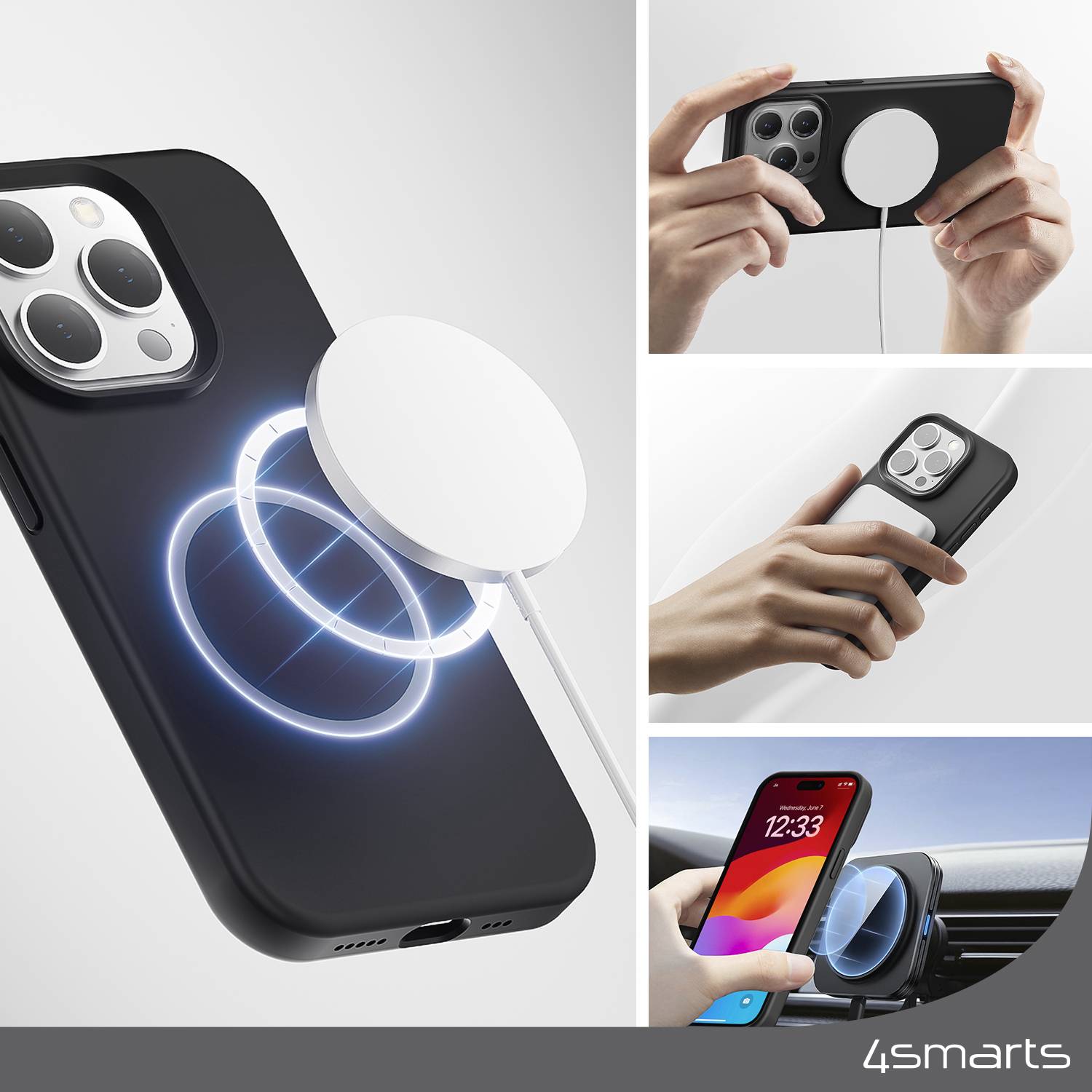 Hand hält ein Smartphone mit magnetischem kabellosen Ladegerät. Weitere Bilder zeigen Ladegerät beim Laden des Telefons im Auto und in der Hand.