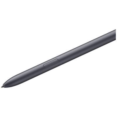 Ein schwarzer digitaler Stift mit einer Seitentaste, gezeigt vor einem neutralen Hintergrund. Geeignet für Touchscreen-Geräte.