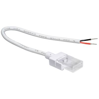Weiße elektrische Anschlussklemme mit kurzen, farbigen Kabeln. Klemme ist quadratisch, Kabelenden sind rot und schwarz ummantelt.