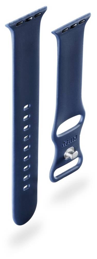 Dunkelblaues Armband für eine Smartwatch, bestehend aus zwei Teilen, eines davon mit einem Verschlussmechanismus.