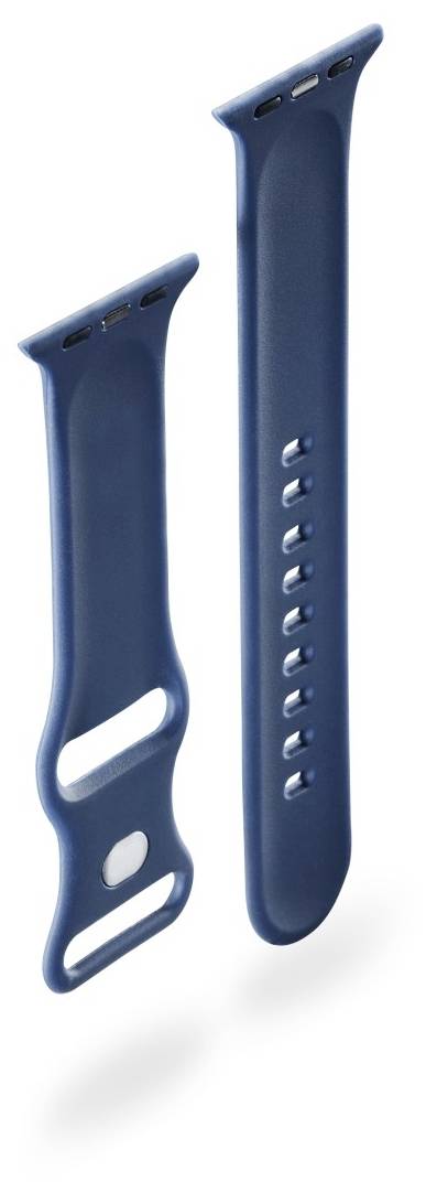 Dunkelblaues Armband für eine Smartwatch, bestehend aus zwei Teilen mit Anpassungslöchern.