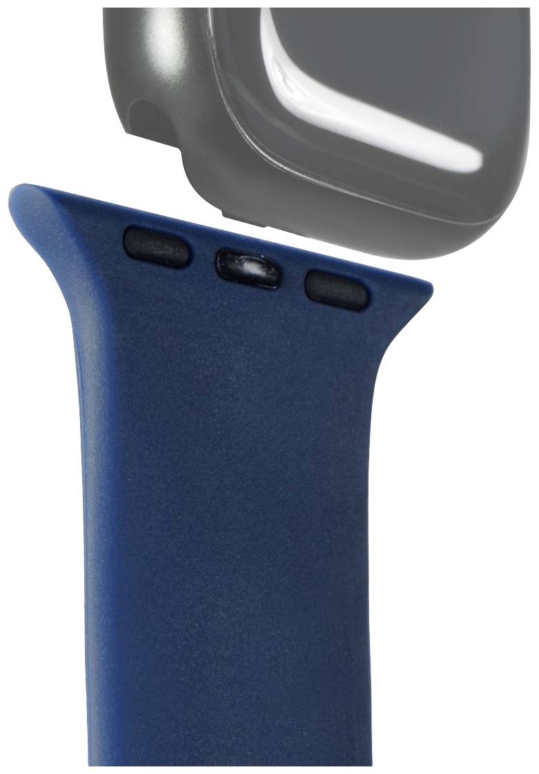 Uhr mit abnehmbarem, blauem Armband; zeigt Befestigungsmechanismus zwischen Gehäuse und Armband.