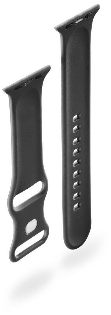 Schwarzes Armband für eine Smartwatch in zwei Teilen, ein kürzeres mit Verschlussschlaufe und ein längeres mit mehreren Löchern zur Größenanpassung.