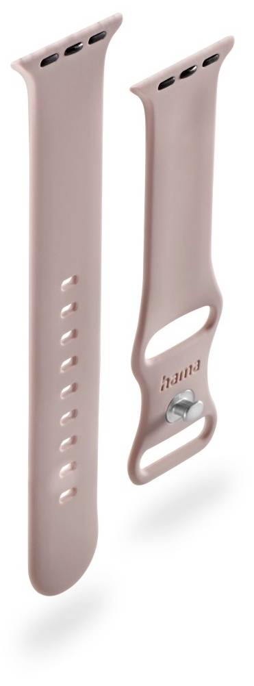 Apple Watch Armband in rosa. Zwei Teile: längeres Band mit Löchern, kürzeres Band mit Schnalle und Verschlussstift.