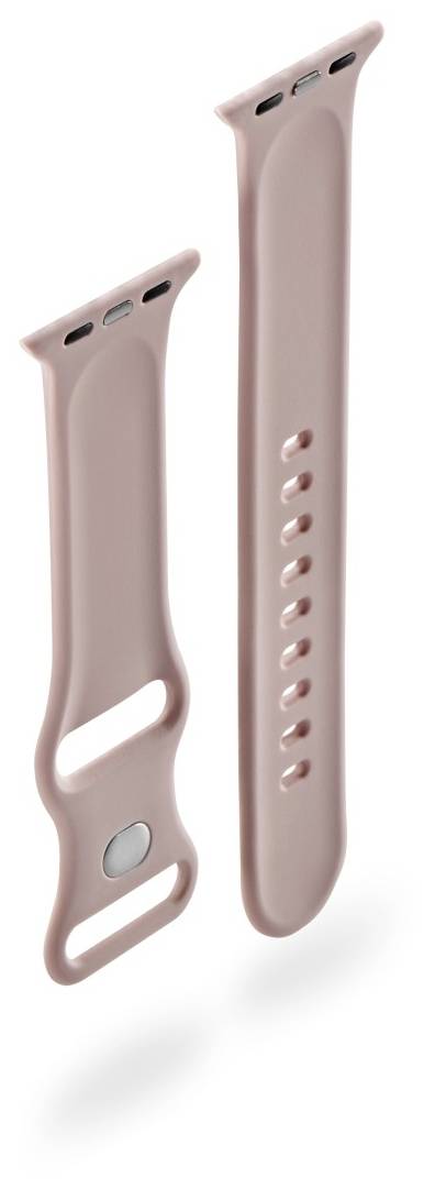 Zwei rosa Armbandteile für eine Smartwatch; eines mit Löchern für Anpassung, das andere mit einem Verschlussknopf.