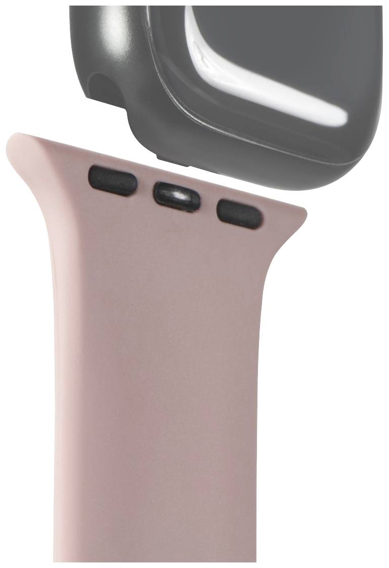 Eine Nahaufnahme einer Smartwatch mit einem abnehmbaren Armband in Rosa, das in die Anschlussstelle der Uhr eingeführt wird.