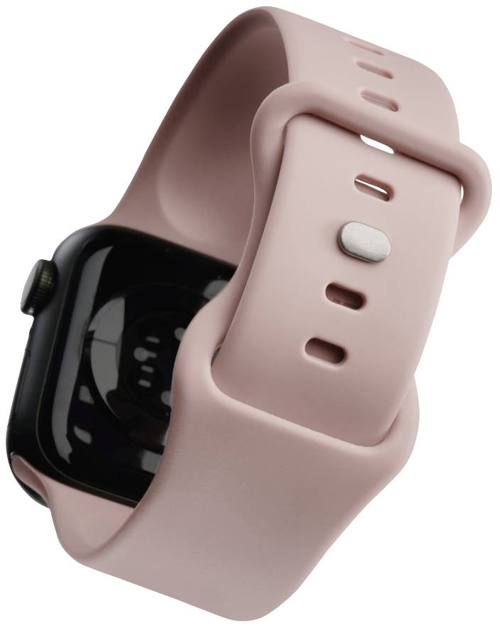 Eine rosa Smartwatch mit einem abgerundeten Display und einem schwarzen Gehäuse. Das Armband hat mehrere Einstelllöcher.