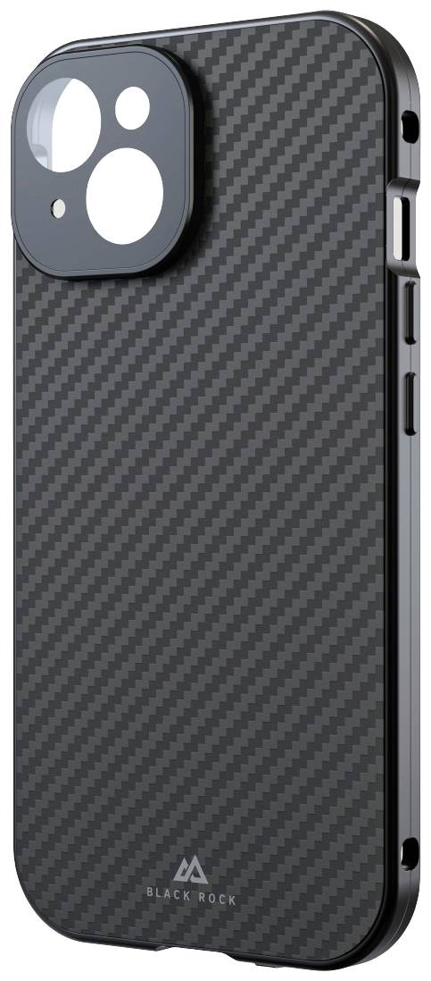 Schwarze Hülle mit Karbon-Optik für ein Smartphone, zeigt die Rückseite mit Aussparungen für Kamera und Anschlüsse, Markenlogo unten.