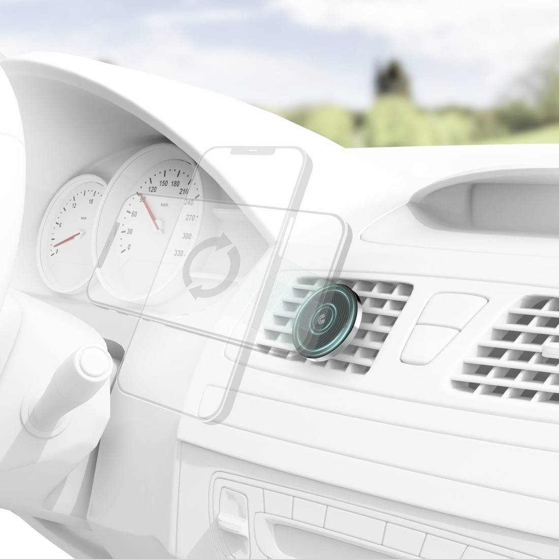 Autoinnenraum mit transparentem Smartphone-Display, das Navigationsanweisungen zeigt, montiert über Lüftungsschlitzen.