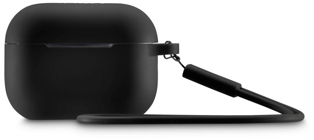 Schwarzes Etui für kabellose Ohrhörer mit Befestigungsschlaufe, im modernen Design.