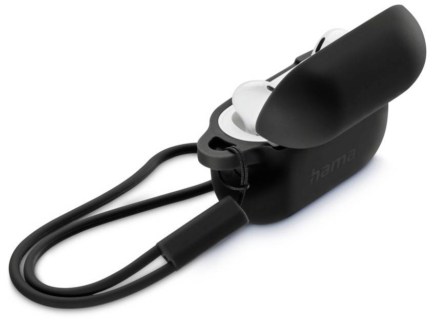 Schwarze Schutzhülle mit Lanyard und offenem Deckel, zeigt darin weiße kabellose Ohrhörer.