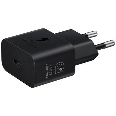 Schwarzes USB-C-Ladegerät mit Aufdruck 'Super Fast Charging' und 'Energy Efficiency'. Europäischer Stecker.