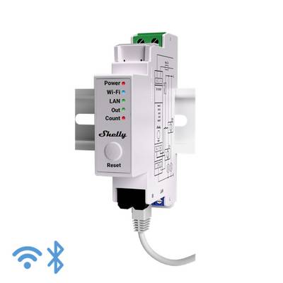 Ein weißes Smart-Relais mit LED-Anzeigen für Power, Wi-Fi, LAN, Out und Count; montiert an einer Schiene mit Bluetooth-Symbol unten links.