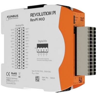 Ein weißes und oranges elektronisches Gerät mit der Aufschrift 'Revolution Pi RevPi MIO' zeigt analoge und digitale IO-Anschlüsse.