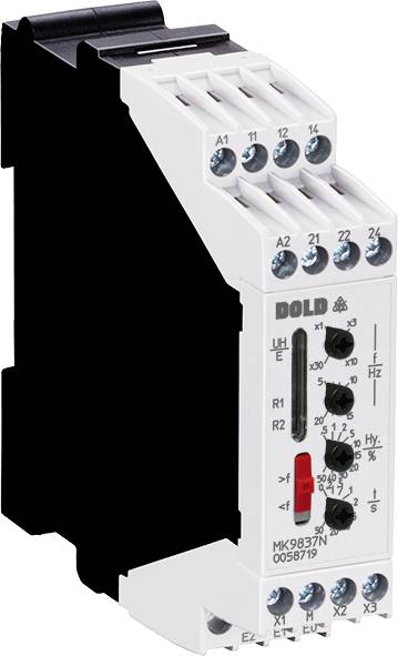 Relaismodul mit mehreren Schraubklemmen, schwarzem Gehäuse und Beschriftungen. Markierung 'DOLD', Modell MK9837N, für elektrische Anwendungen.