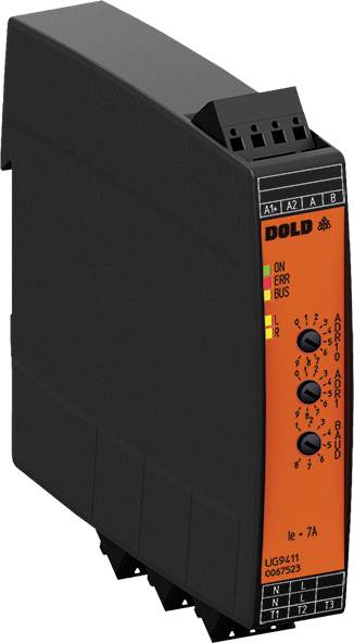 Schwarzes und orangefarbenes elektrisches Gerät mit mehreren LEDs, Schaltknöpfen und Aufschriften; verwendet zur Steuerung von Prozessen.