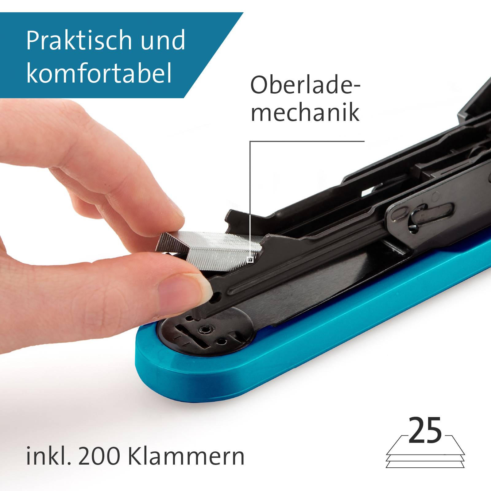 Eine Hand hält einen offenen Hefter über einem Blatt Papier. Text auf dem Bild: 'Praktisch und komfortabel', 'inkl. 200 Klammern', Zahl '25'.