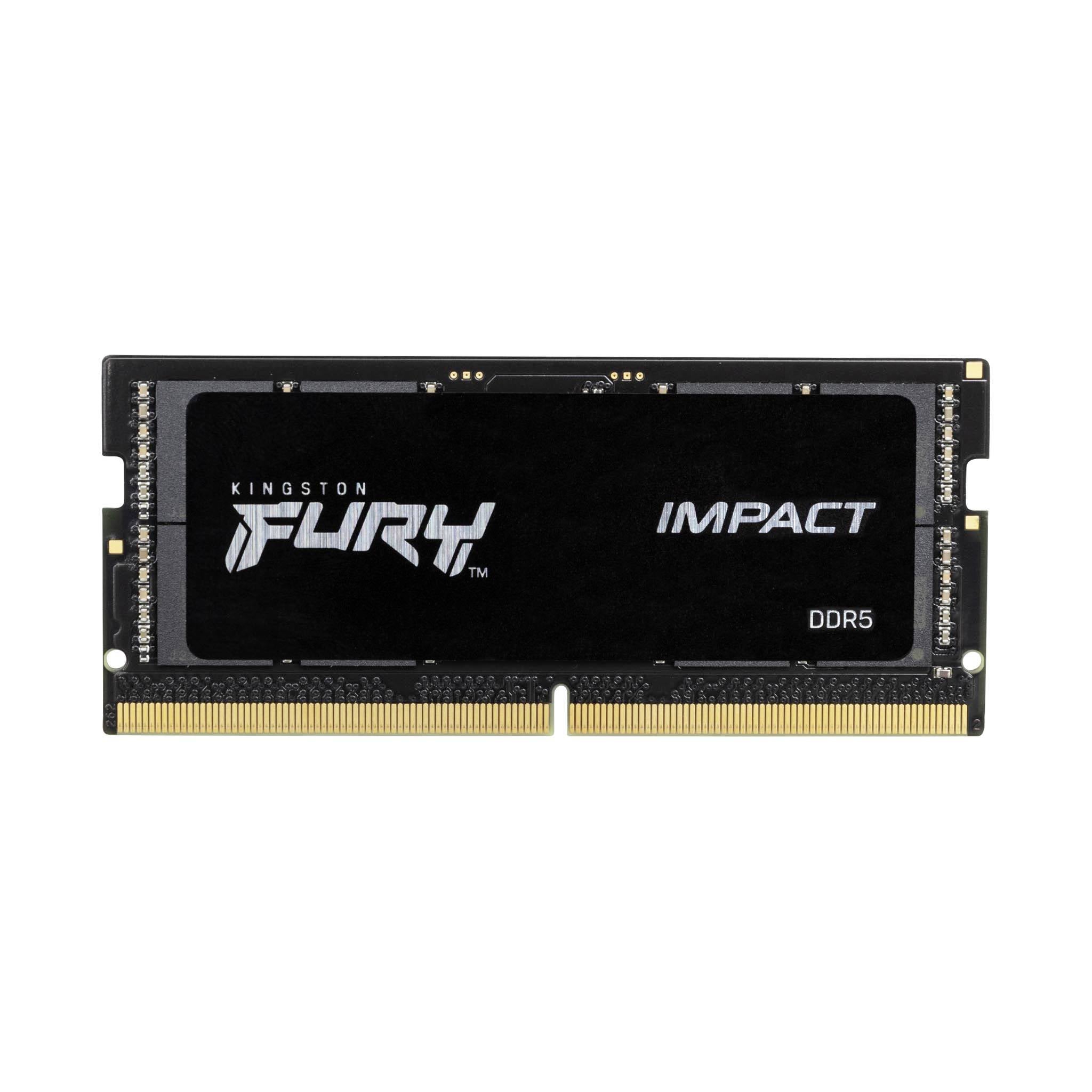 'Kingston Fury Impact' DDR5-RAM-Modul, schwarz, mit goldfarbenen Kontakten. Ideal für hohe Leistung und Geschwindigkeit in Computern.