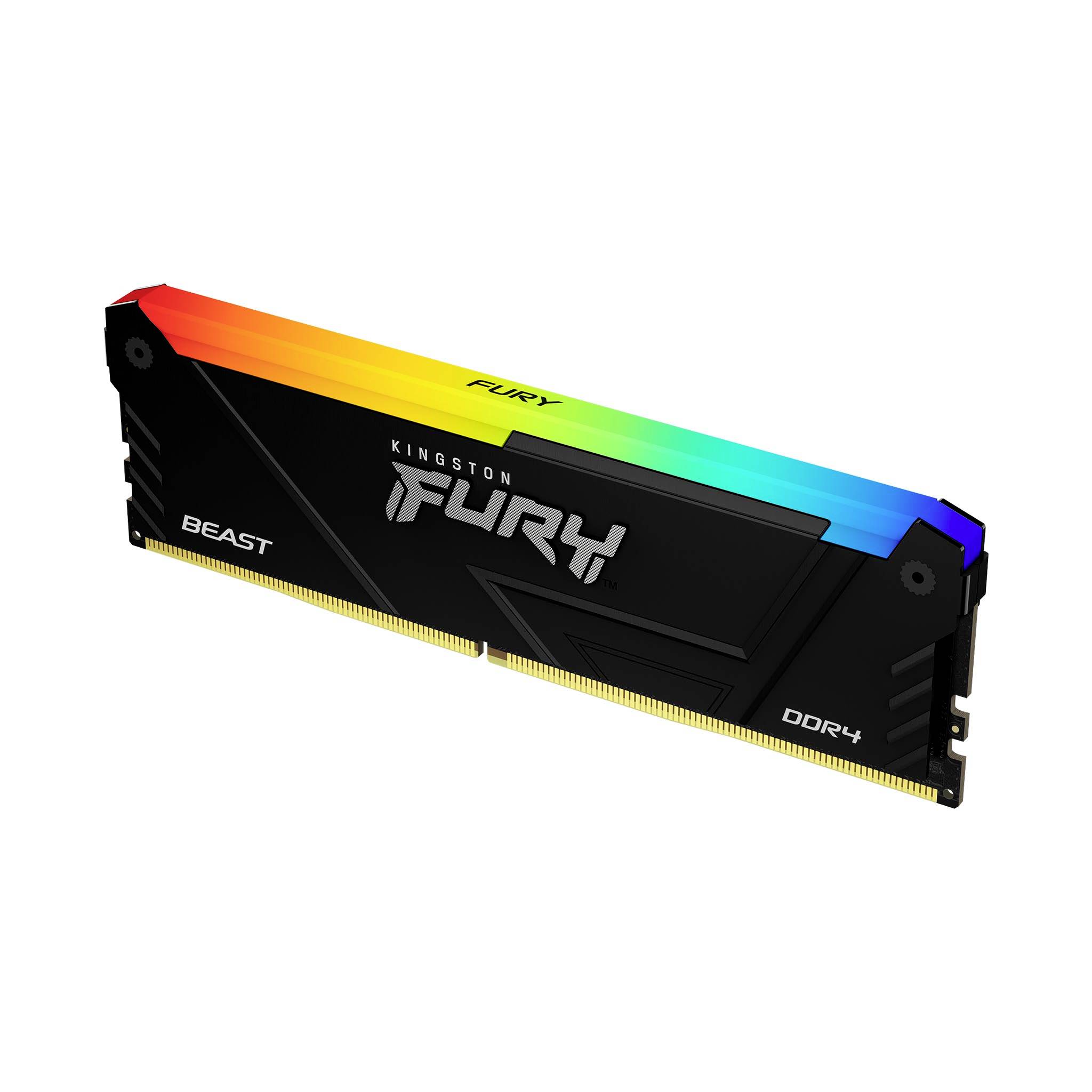 Ein RAM-Modul mit schwarzem Gehäuse und mehrfarbiger LED-Beleuchtung. Aufdruck enthält 'Kingston Fury BEAST DDR4'. Ideal für Gaming-PCs.