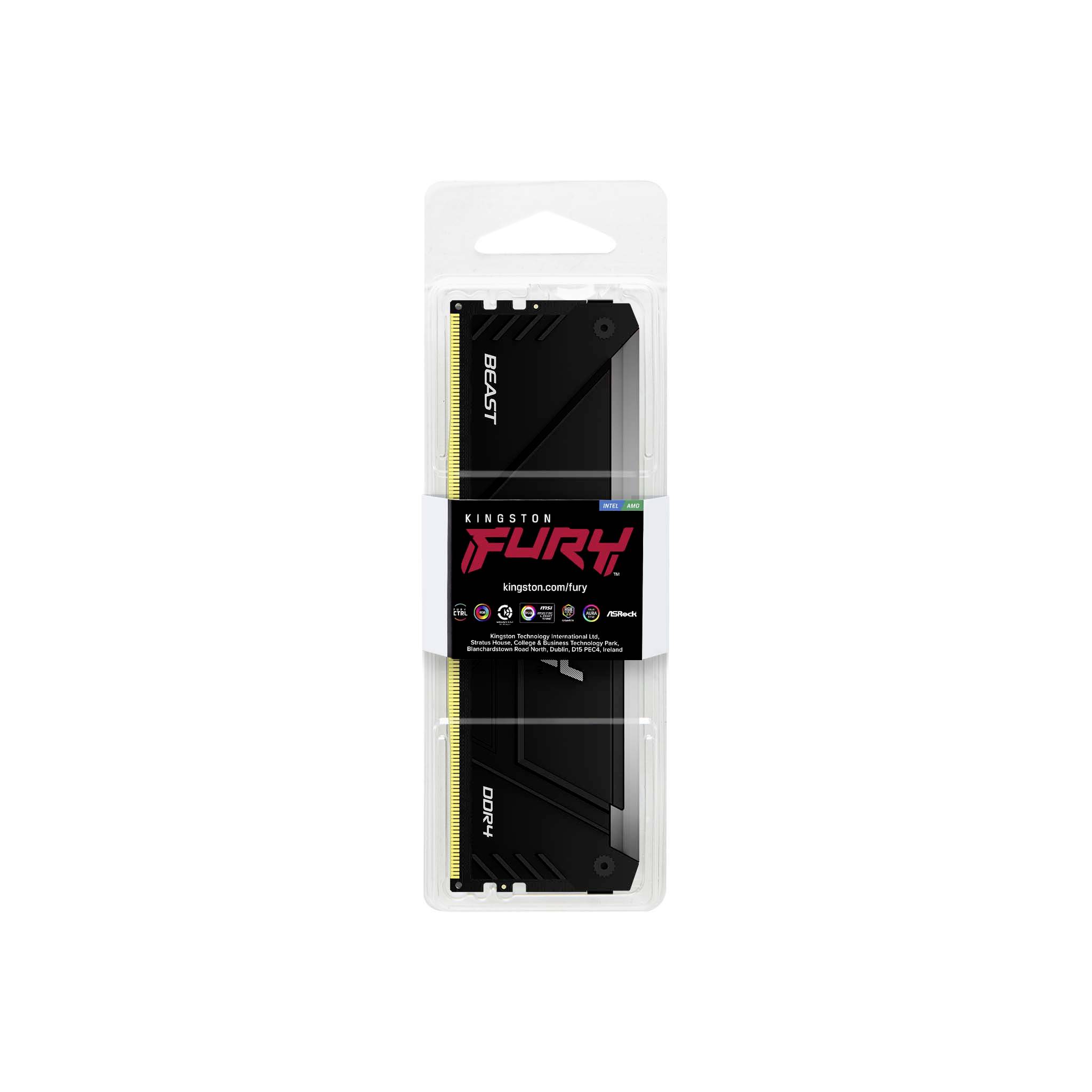 'Kingston FURY Beast DDR4' Arbeitsspeichermodul in Verpackung, 16GB (2x8GB), mit schwarzem Kühlkörper. Geeignet für Desktop-PCs.