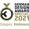 'German Design Award Special 2021, Kategorie Schreibwaren' steht neben einem runden, gold-schwarzen Logo mit einem stilisierten G.