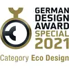 Logo des German Design Award mit der Aufschrift 'Special 2021, Category Eco Design', betont ausgezeichnetes umweltfreundliches Design.