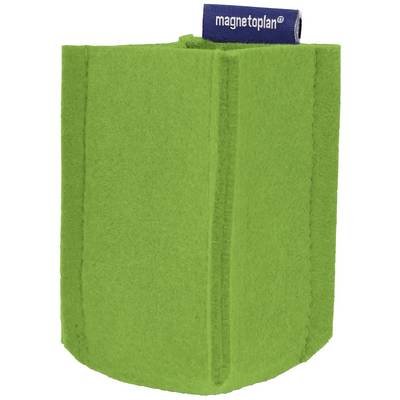 Grüner, filzartiger Stiftehalter mit einem kleinen blauen Magnetoplan-Label oben.