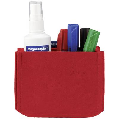 Rote Tasche mit weißen und farbigen Markern sowie einer Flasche Sprühreiniger.