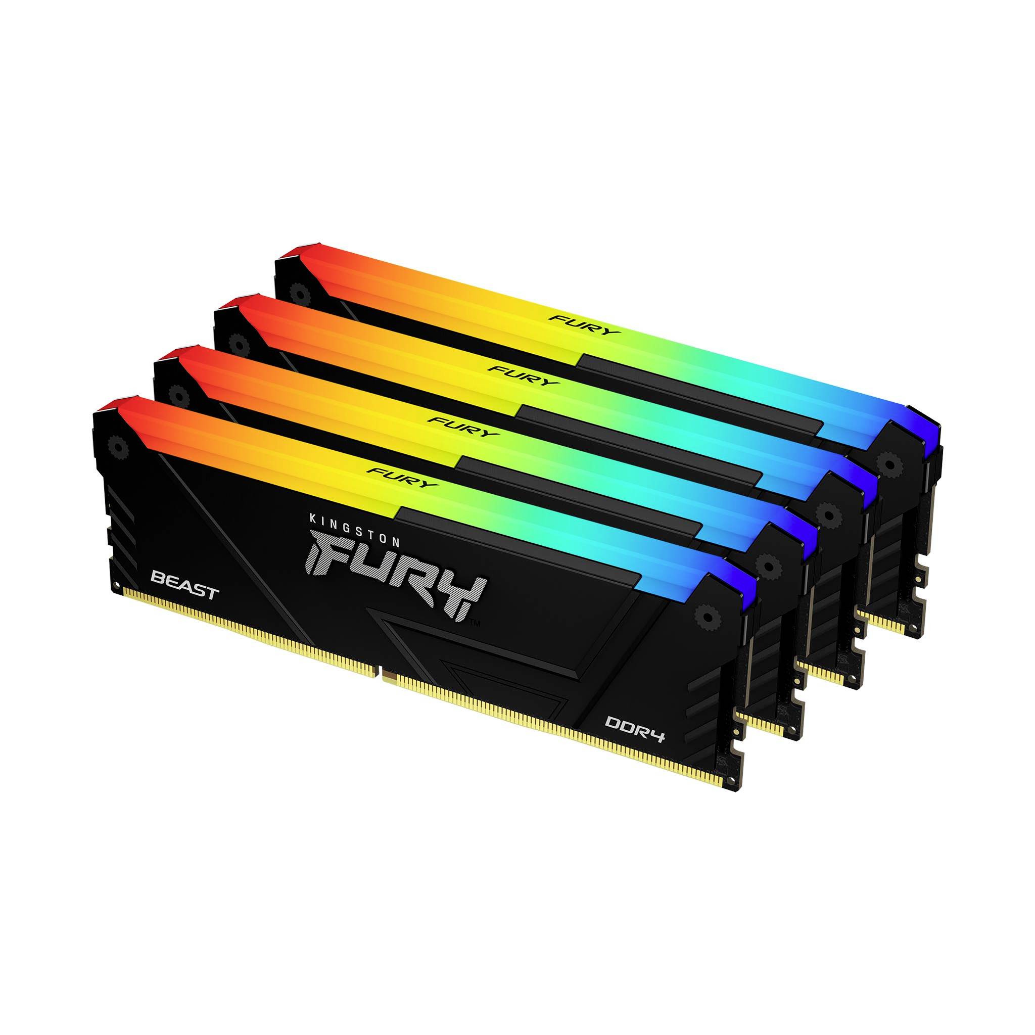 Vier RAM-Module von Kingston Fury, Modell Beast DDR4, mit farbigem LED-Lichtstreifen, gestapelt in einer diagonalen Reihe.