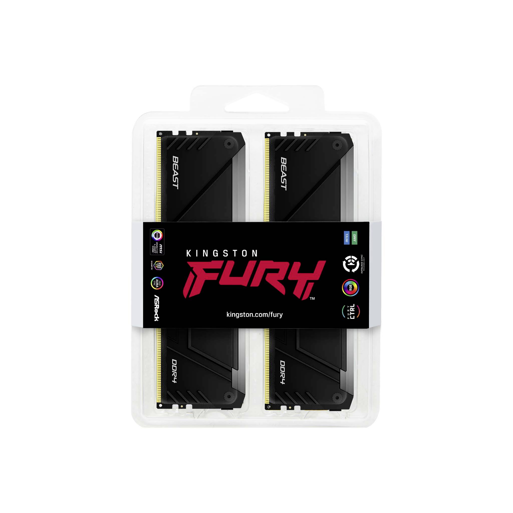 Eine Verpackung mit zwei Kingston Fury Beast DDR4 RAM-Modulen, kapazitätsstark und geeignet für Hochleistungscomputer.