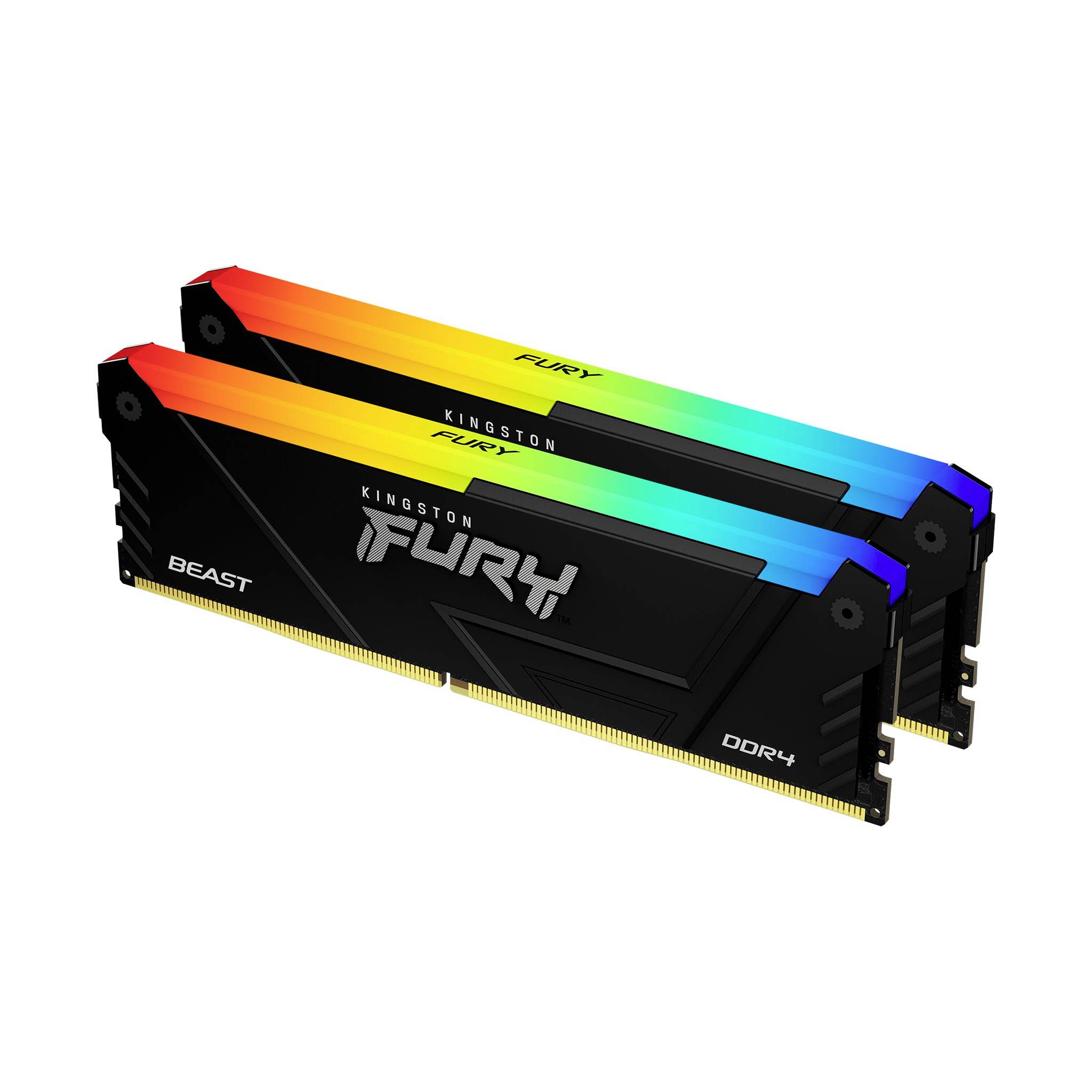 Zwei Kingston FURY Beast DDR4 RAM-Module mit RGB-Beleuchtung in diagonaler Anordnung.