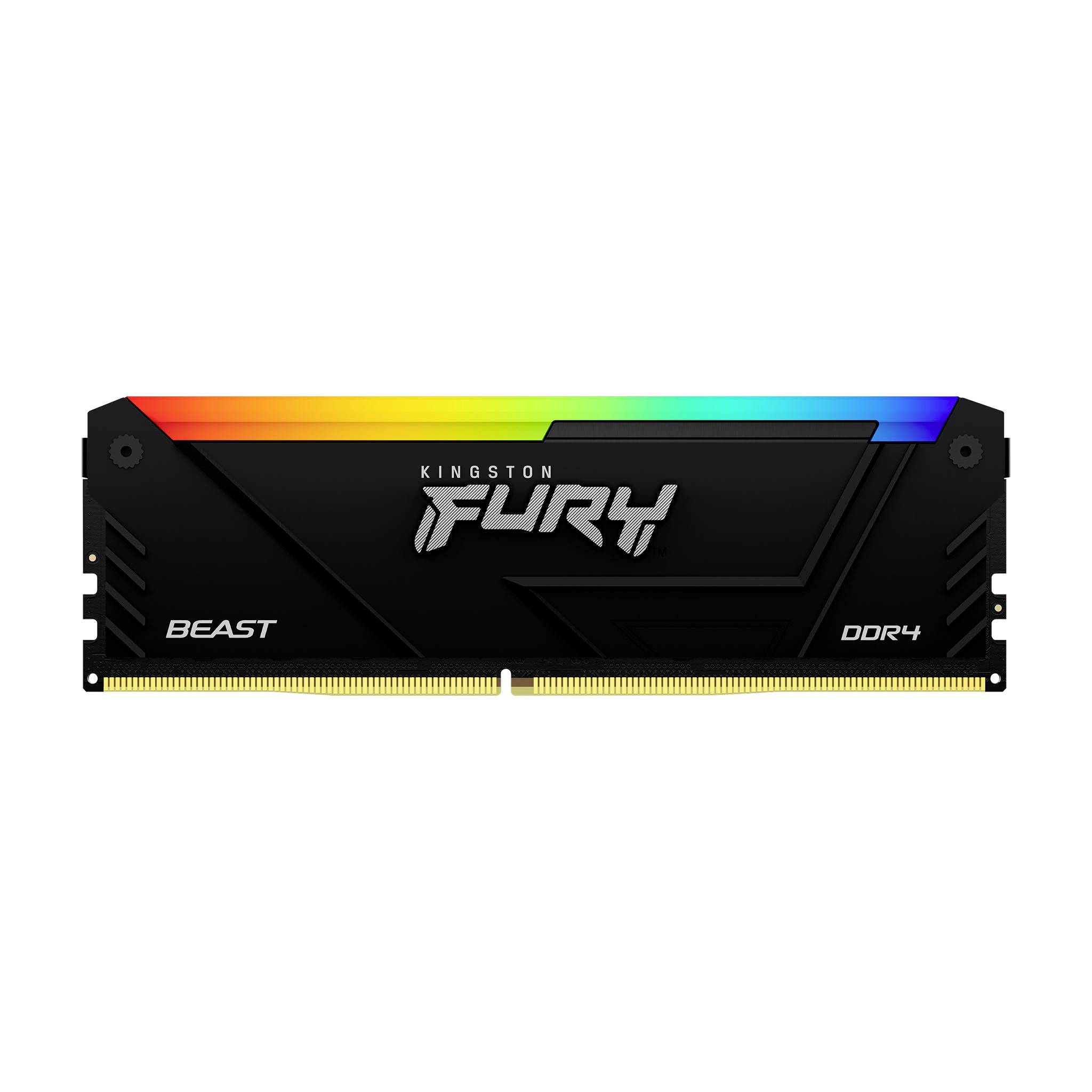 Ein RAM-Modul von Kingston mit der Aufschrift 'Fury Beast DDR4', gekennzeichnet durch ein schwarzes Design und bunte LED-Beleuchtung.