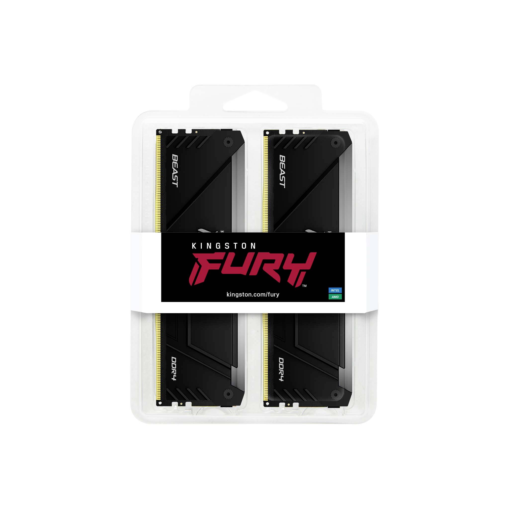 Zwei schwarze Kingston Fury Beast DDR4 RAM-Module in Blisterverpackung. Markenname und Logo auf dem Aufkleber in der Mitte.