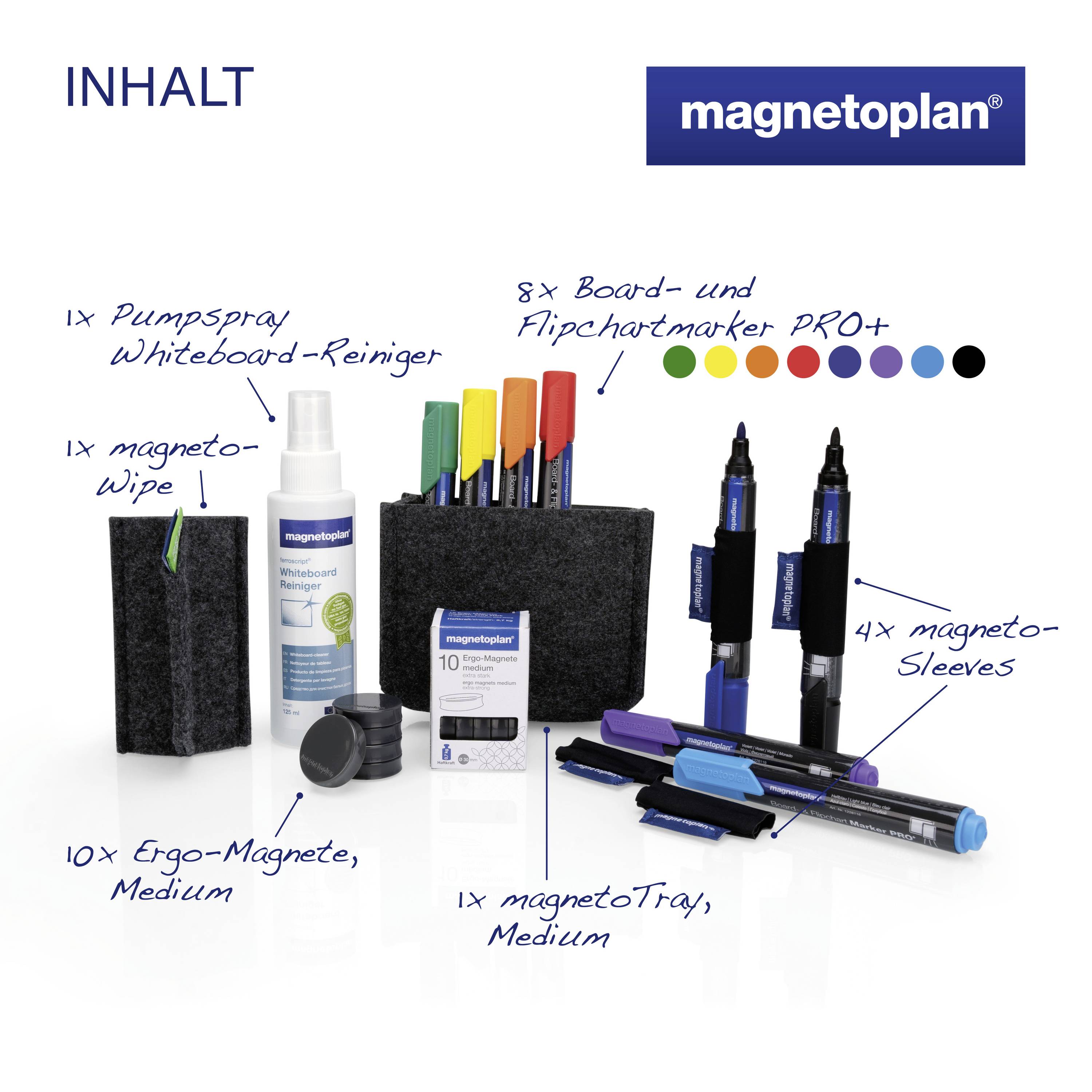 'Inhalt' zeigt eine Sammlung von Büromaterialien, darunter Whiteboard-Reiniger, Marker, Magneten und Zubehör, mit Beschreibungen.