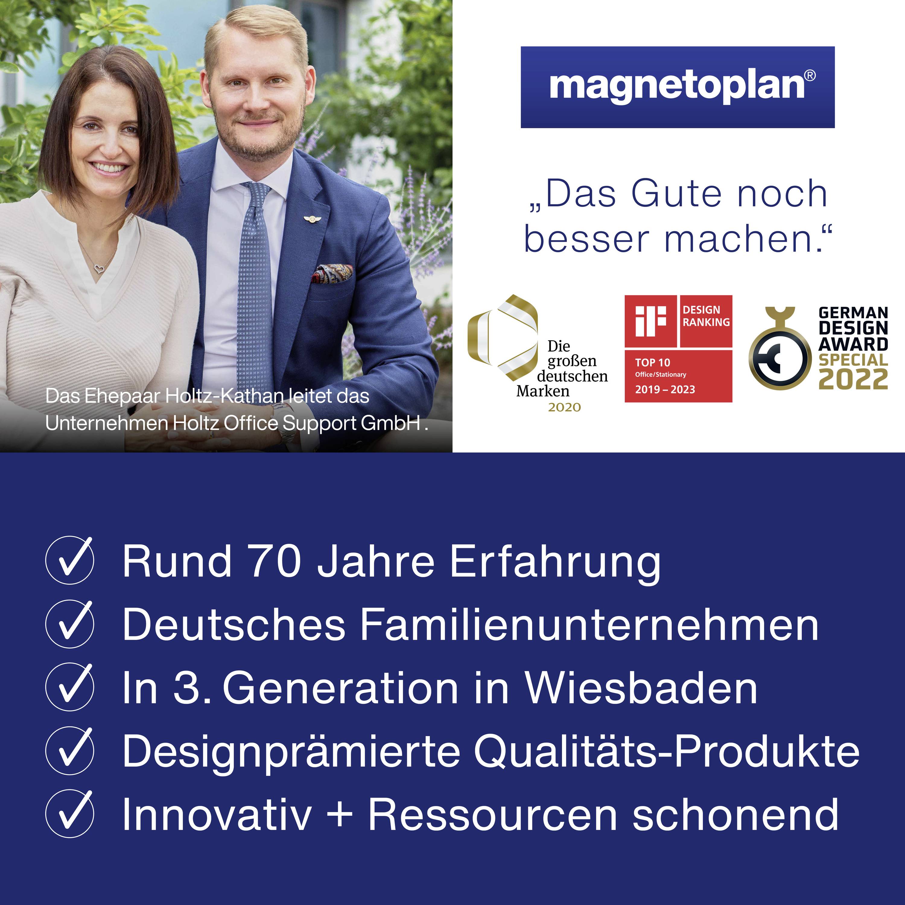 'Magnetoplan' Unternehmensinfo: Rund 70 Jahre Erfahrung, deutsches Familienunternehmen, innovative, ressourcenschonende Produkte.