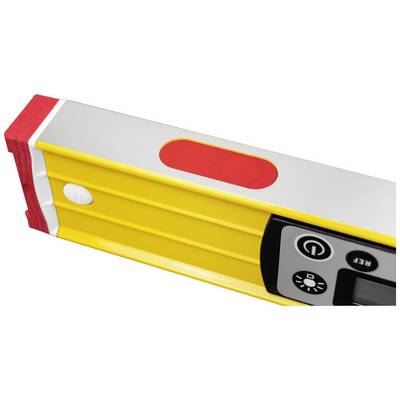 Ein gelber Wasserwaagenkörper mit roten und weißen Enden und einem digitalen Display. Ideal zum präzisen Nivellieren.