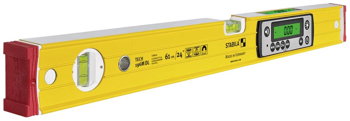 Eine gelbe digitale Wasserwaage mit Display und Libellen, ideal zum präzisen Messen. Sie zeigt '0.00' Grad an.