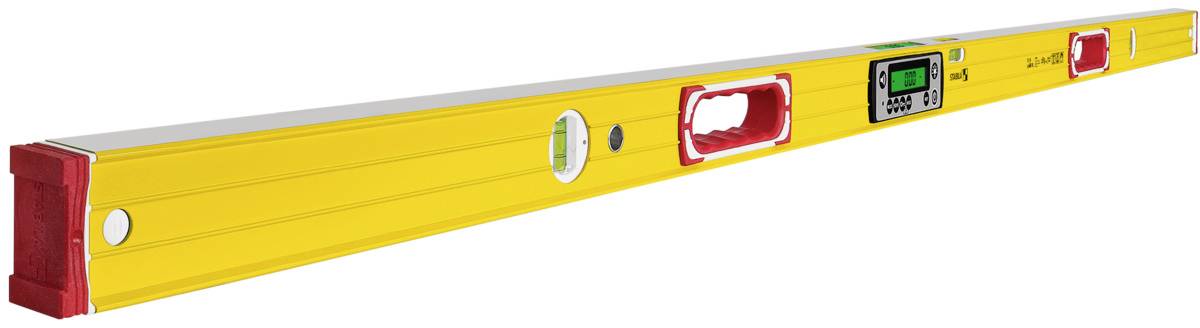 Digitalwasserwaage in gelber Farbe mit eingebautem Display zur Messung von Neigung und Winkeln, ideal für präzise Bauarbeiten.