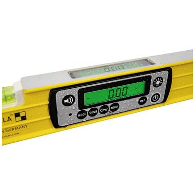 Elektronische Wasserwaage mit digitalem Display, zeigt '0.00' an. Gelbes Gehäuse, Wassertropfen sichtbar.