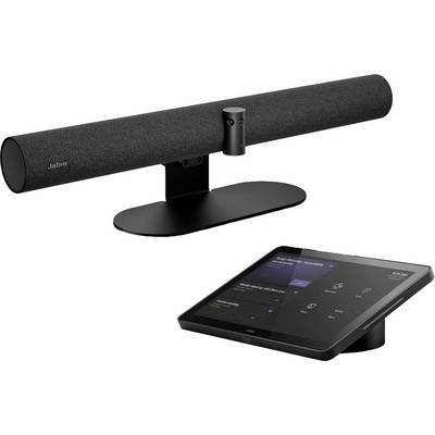 Ein schwarzes Audiogerät mit Kamera auf einem Ständer, daneben liegt ein Tablet mit digitaler Anzeige, beide für Videokonferenzen.