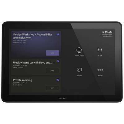 Tablet zeigt Meetingplan an, darunter 'Design Workshop - Accessibility and Inclusivity', mit Optionen zum Treten, Anrufen und Teilen.