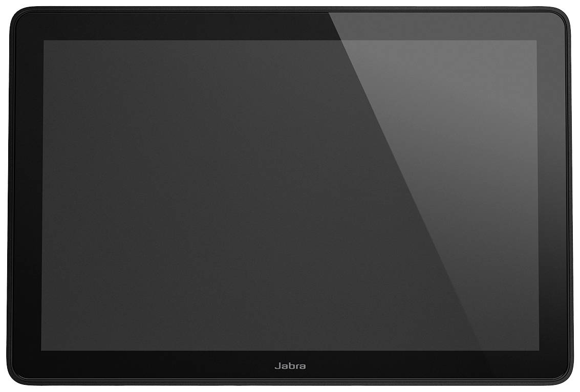 Ein modernes Tablet mit schwarzem Rahmen und glänzendem Bildschirm, Markenname 'Jabra' unten in der Mitte sichtbar.