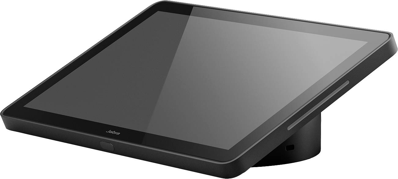 Ein schwarzer, flacher Touchscreen-Monitor, leicht nach vorne geneigt, auf einem runden Standfuß fixiert.