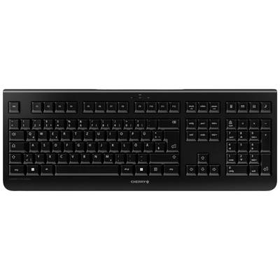 Schwarze Computertastatur mit QWERTZ-Layout, funktionalen Sondertasten und Pfeiltasten.