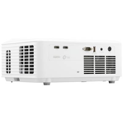 Ein weißer Projektor mit verschiedenen Anschlüssen, darunter HDMI, USB und Netzteilanschluss, Ansicht von der Seite.