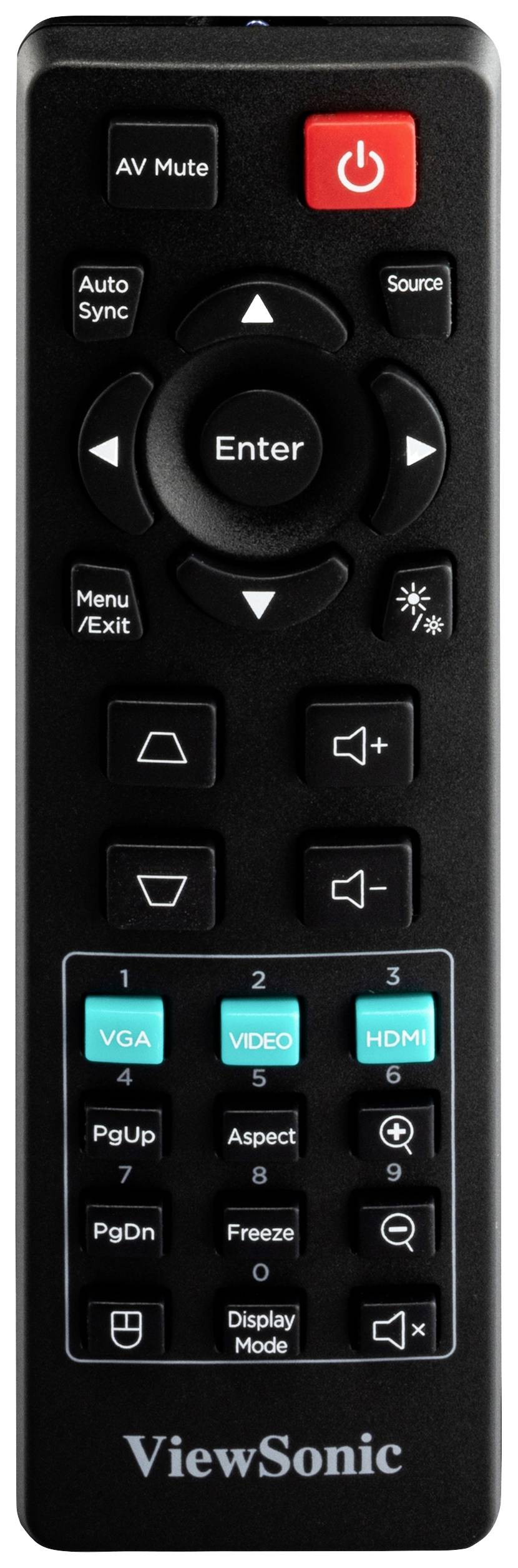 Eine schwarze Fernbedienung von ViewSonic mit roten, schwarzen und weißen Tasten. Haupttasten umfassen 'Power', 'VGA', 'VIDEO', 'HDMI'.