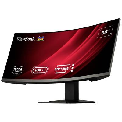 Gebogener 34-Zoll-Monitor von ViewSonic, Modell 1500R, mit USB-C- und Docking-Funktion. Display zeigt rote Grafik.<br><br>