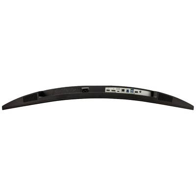 Ein gebogenes AV-System mit Anschlussmöglichkeiten wie HDMI, USB und Stromkabelanschluss auf der Rückseite.